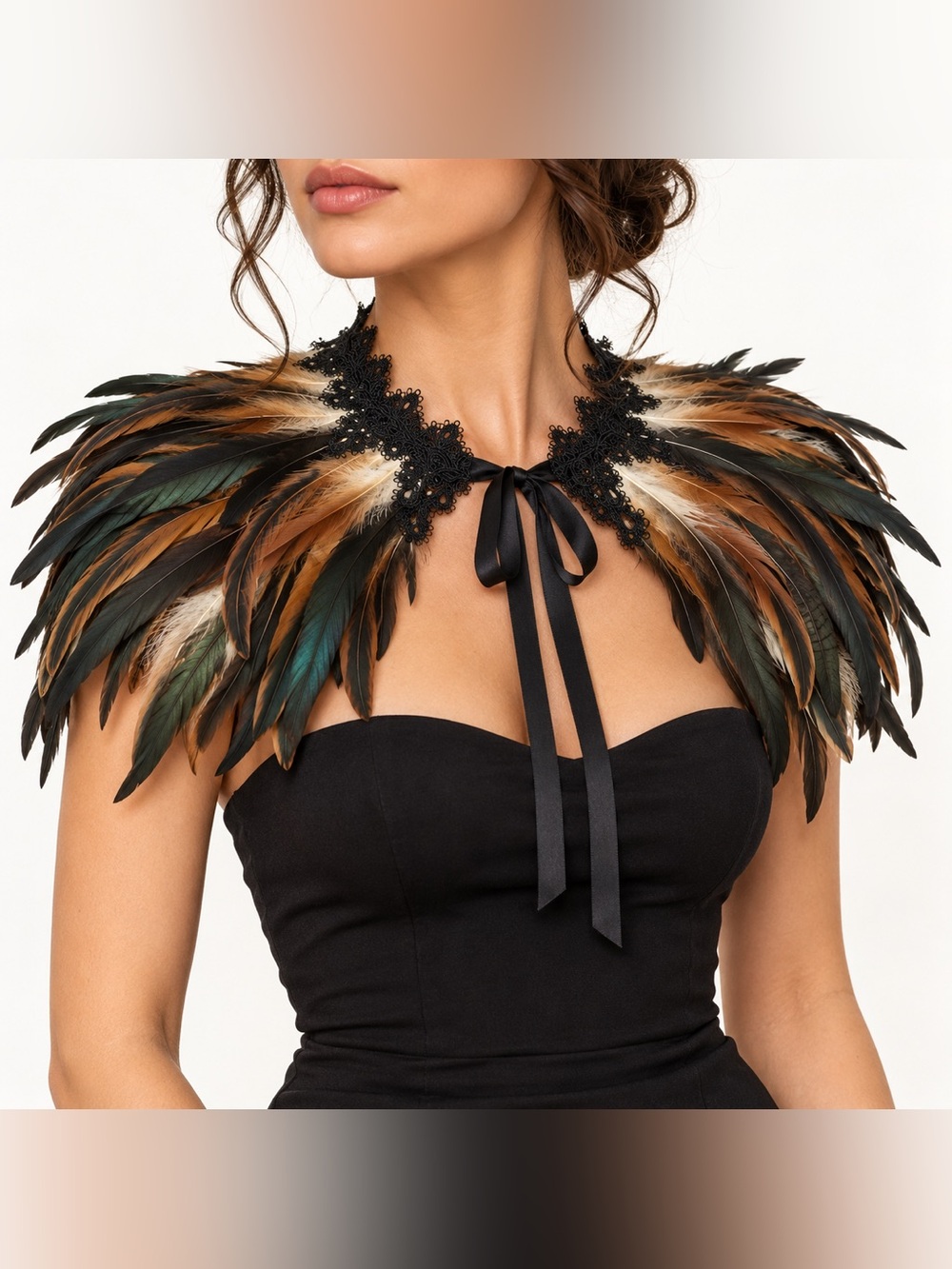 Feather Shoulder Cape Black Lace Collar Masquerade Costume OS